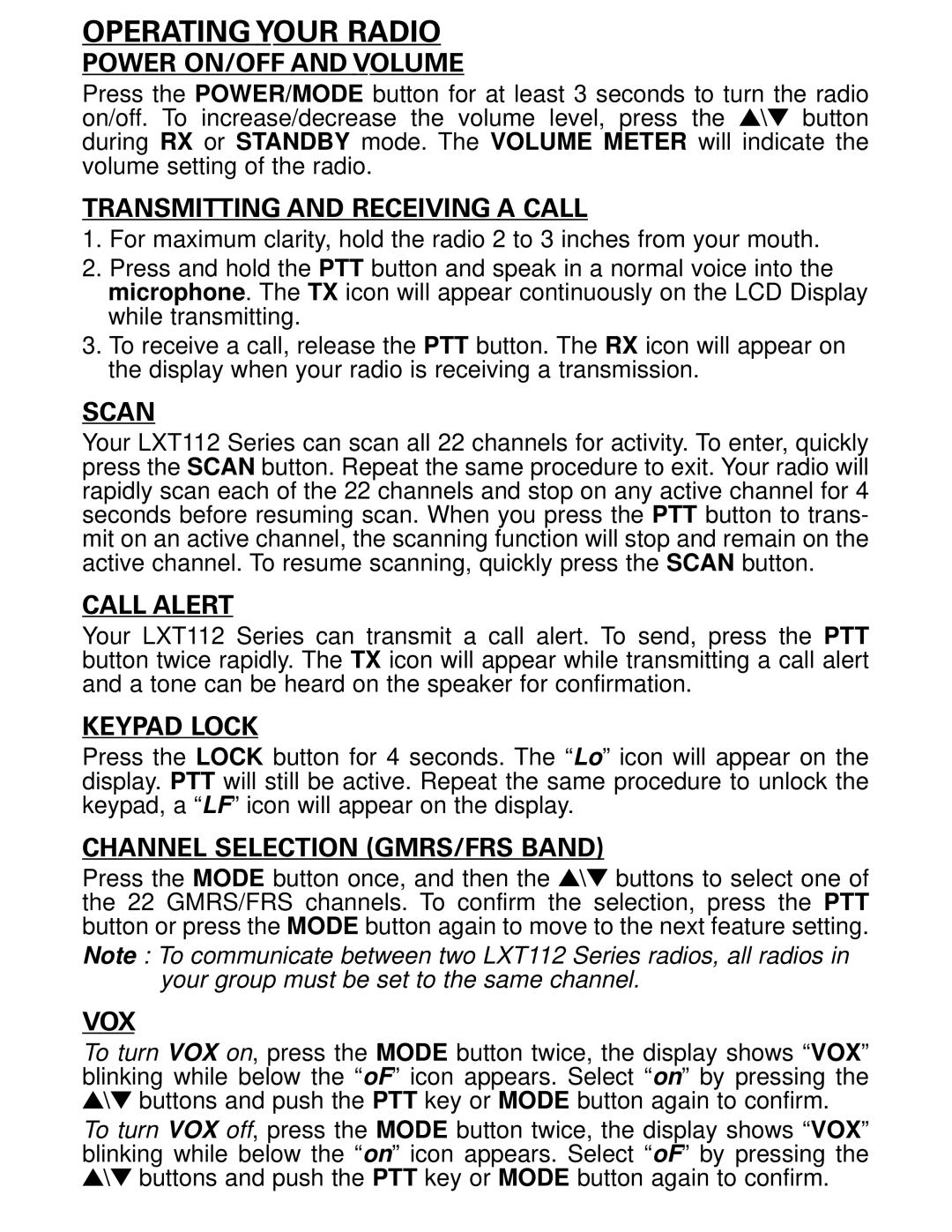 Midland Radio LXT112 Series owner manual Operating Your Radio, Power ON/OFF and Volume 