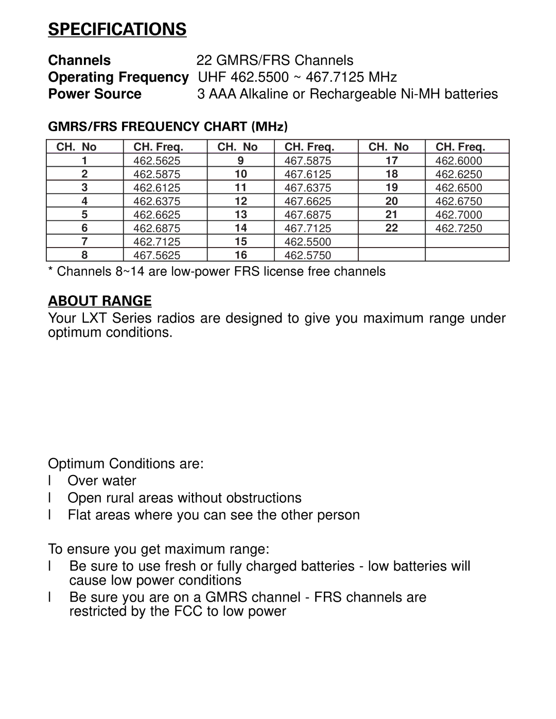 Midland Radio LXT112 Series owner manual Specifications, GMRS/FRS Frequency Chart MHz 