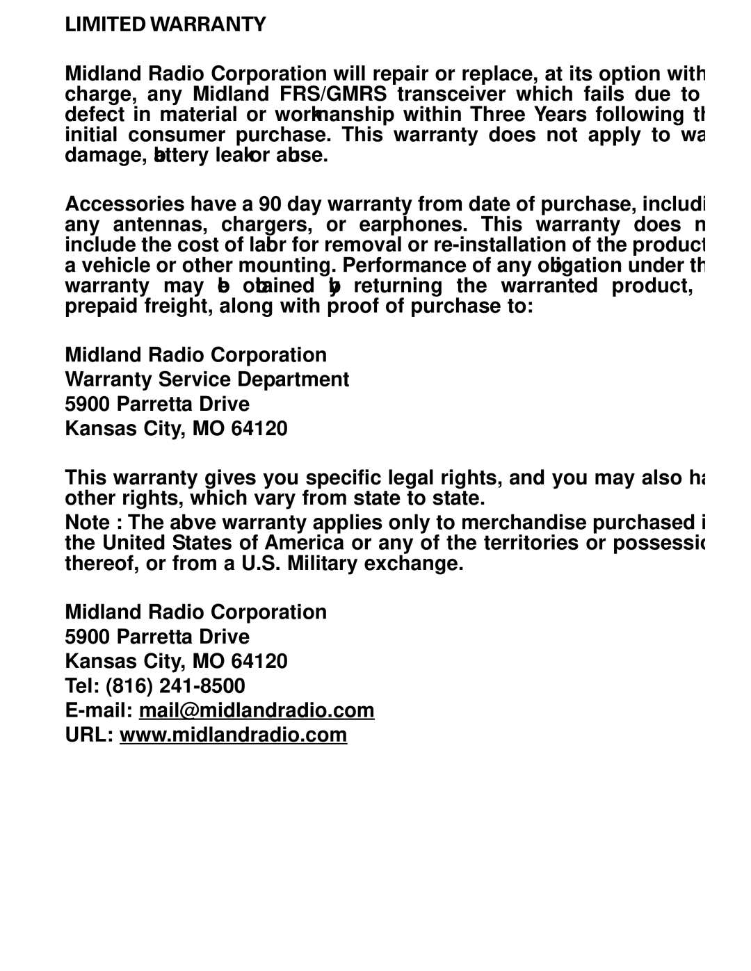 Midland Radio LXT112 Series owner manual Limited Warranty 