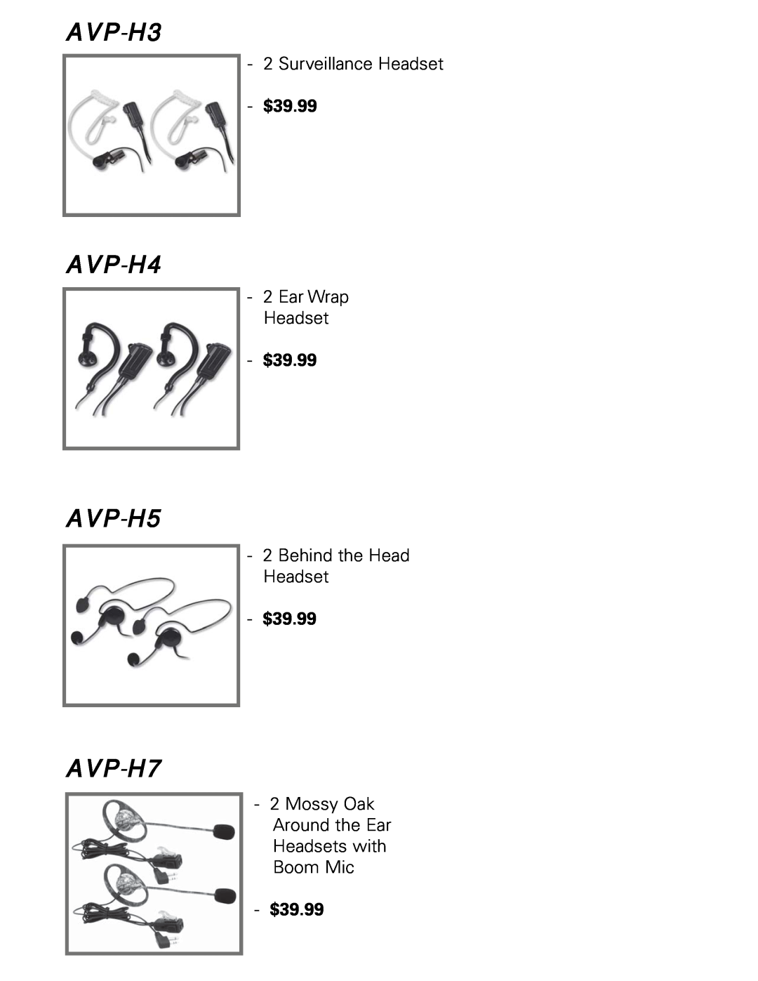 Midland Radio LXT112 Series owner manual AVP-H3, AVP-H4, AVP-H5, AVP-H7, Surveillance Headset, $39.99, Ear Wrap Headset 