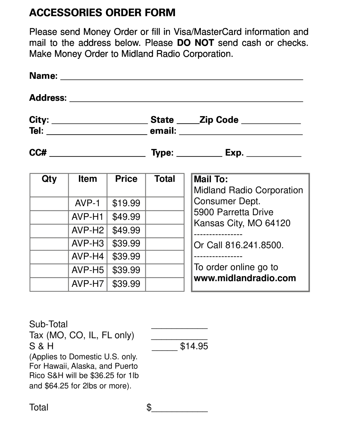 Midland Radio LXT112 Series Accessories Order Form, Name Address City State Zip Code Tel email, Price, Total, Mail To 