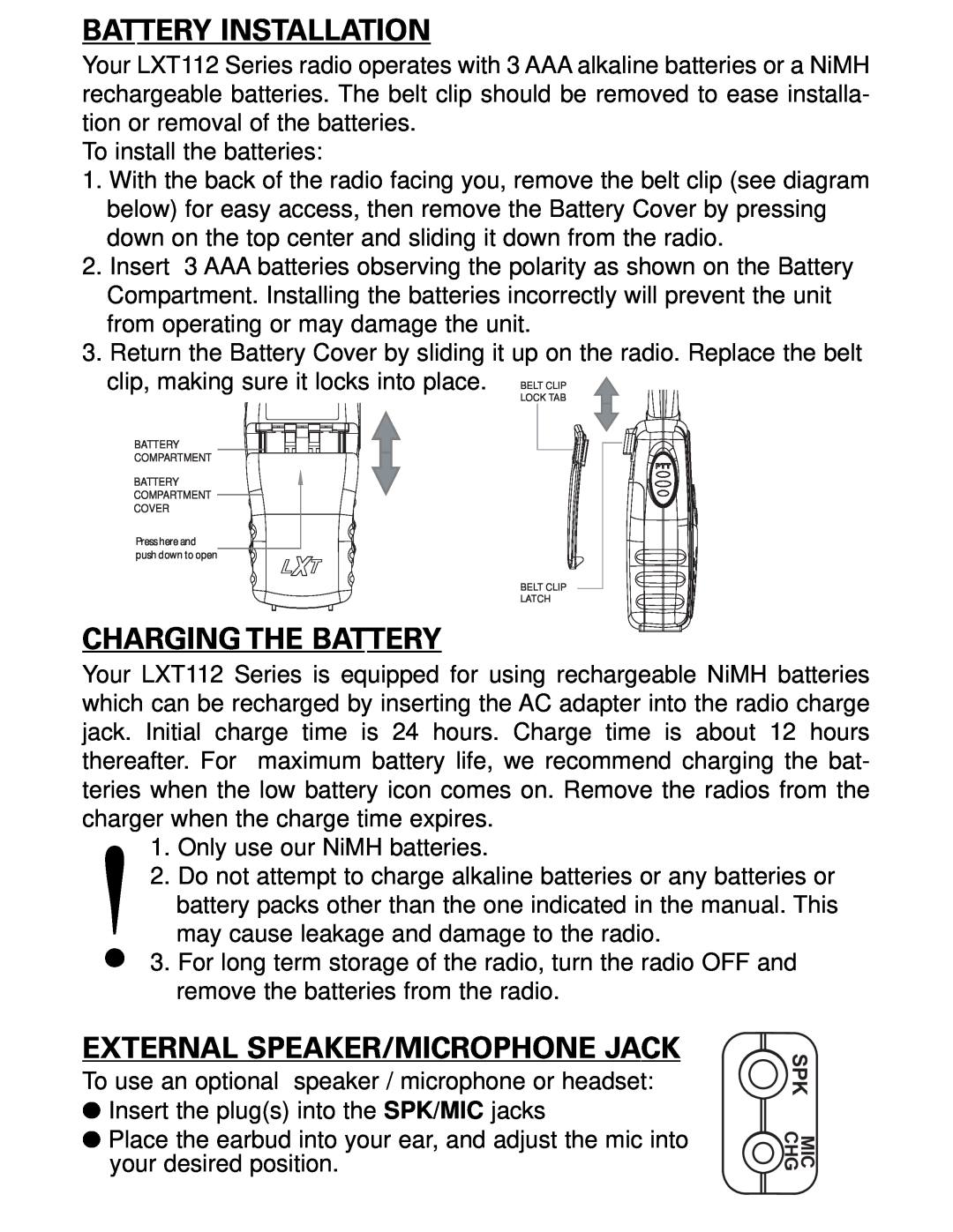Midland Radio LXT112 Series owner manual Battery Installation, Charging The Battery, External Speaker/Microphone Jack 