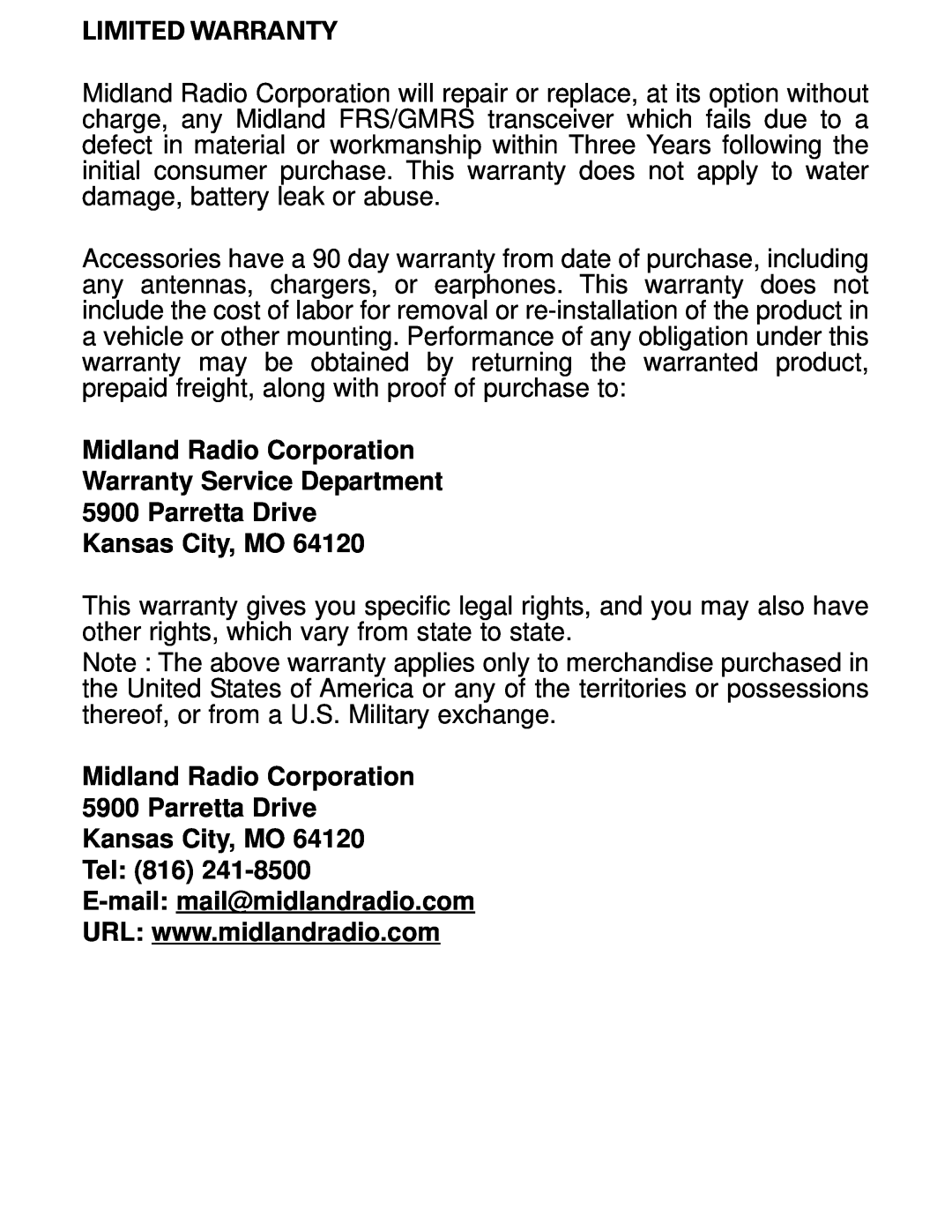 Midland Radio LXT112 Series owner manual Limited Warranty, Midland Radio Corporation Warranty Service Department 