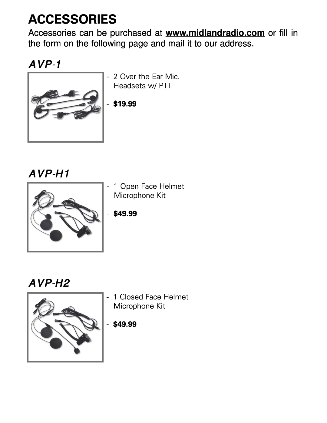 Midland Radio LXT112 Series AVP-1, AVP-H1, AVP-H2, Accessories, Over the Ear Mic. Headsets w/ PTT, $19.99, $49.99 