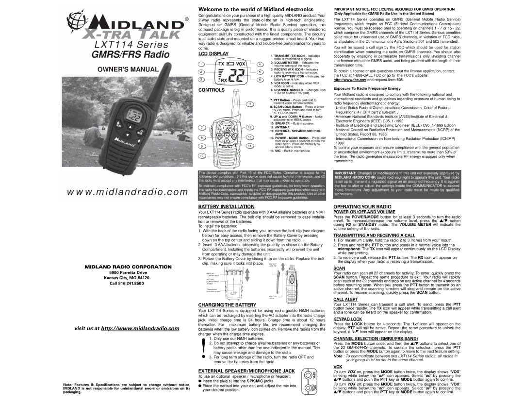 Midland Radio LXT114 owner manual LCD Display Controls, Battery Installation, Charging the Battery, Operating Your Radio 