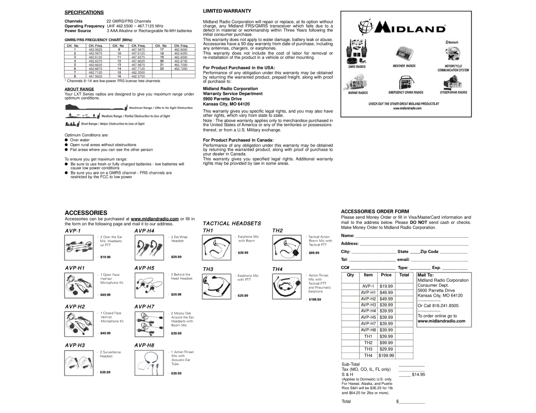 Midland Radio LXT114 owner manual Specifications, Limited Warranty, Accessories Order Form, About Range 