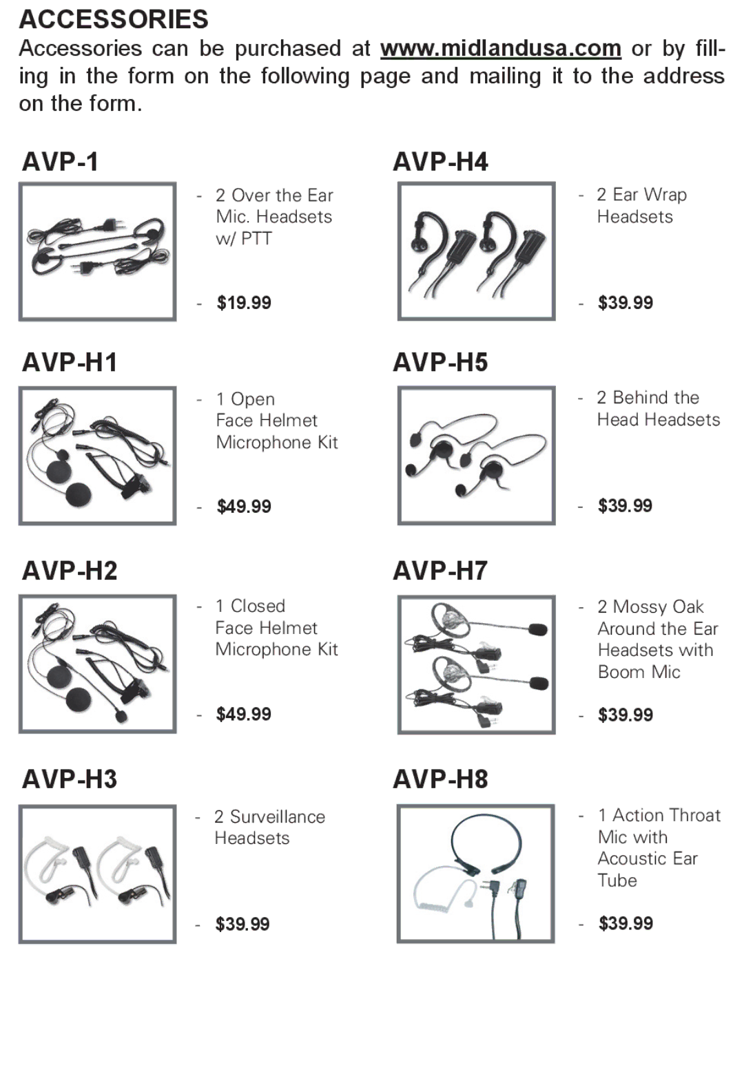 Midland Radio LXT118 Series, LXT118VP manual Accessories AVP-1AVP-H4, AVP-H1AVP-H5, AVP-H2AVP-H7, AVP-H3AVP-H8 