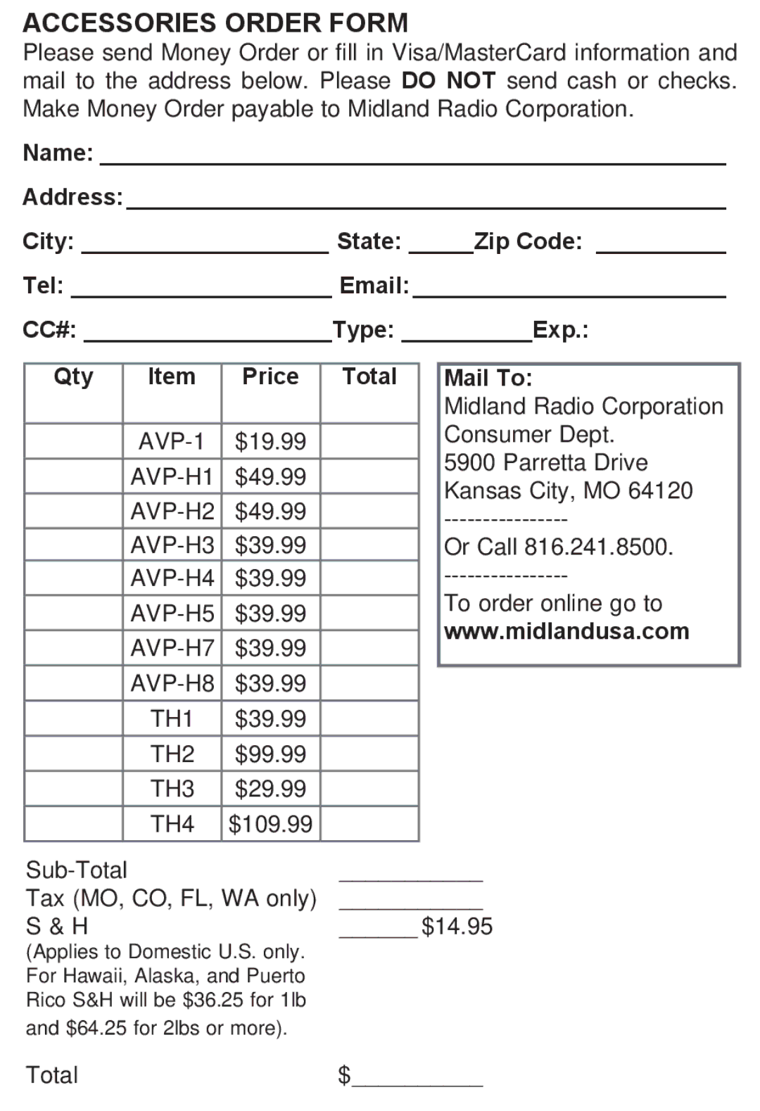 Midland Radio LXT118 Series, LXT118VP manual Accessories Order Form, CC# Type Exp Qty Price Total 