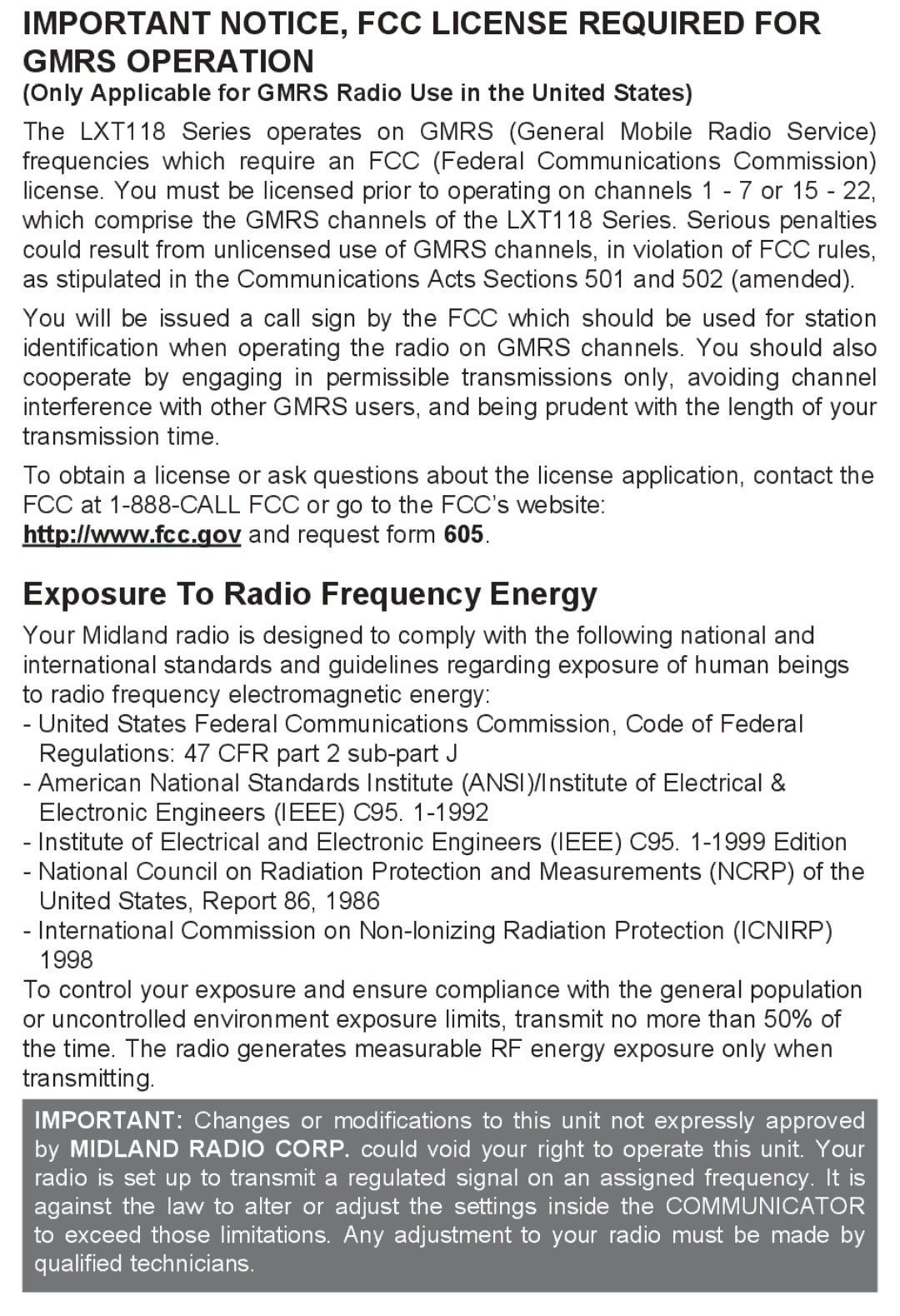 Midland Radio LXT118 Series, LXT118VP manual Important NOTICE, FCC License Required for Gmrs Operation 