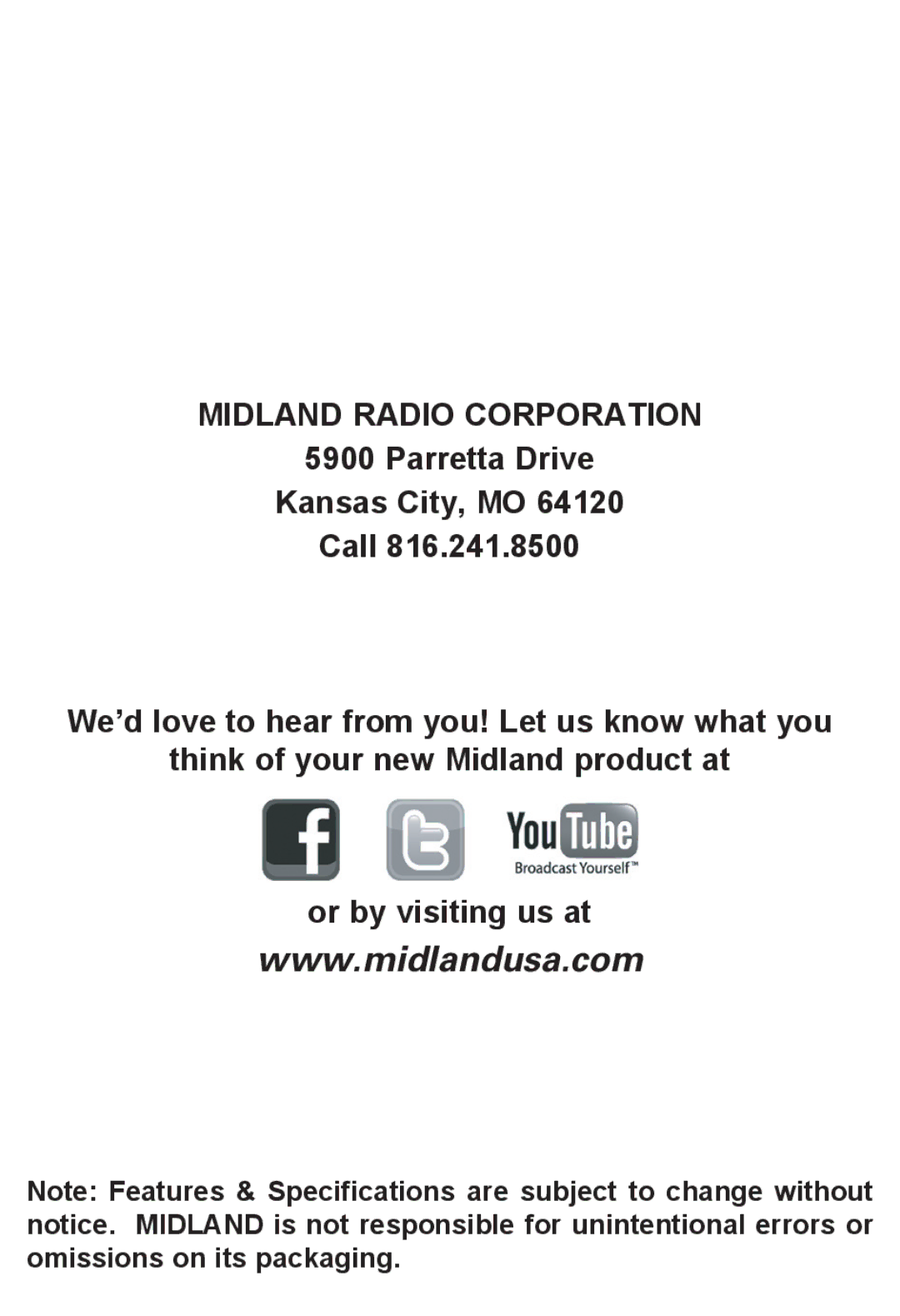 Midland Radio LXT118 Series, LXT118VP manual Midland Radio Corporation 