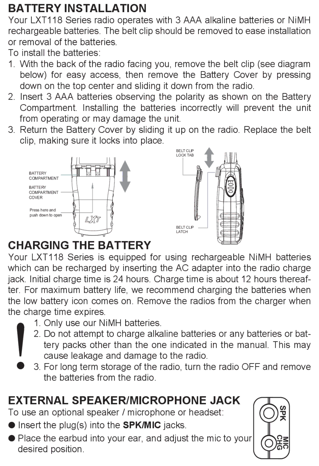 Midland Radio LXT118VP, LXT118 Series manual Battery Installation, Charging the Battery, External SPEAKER/MICROPHONE Jack 