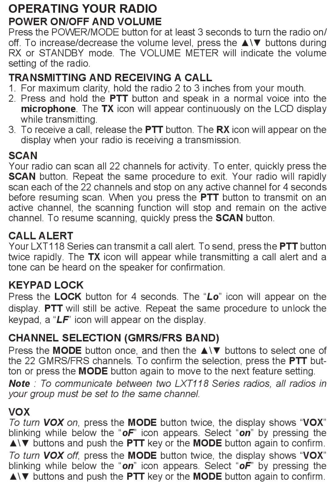 Midland Radio LXT118 Series, LXT118VP manual Operating Your Radio, Power ON/OFF and Volume 