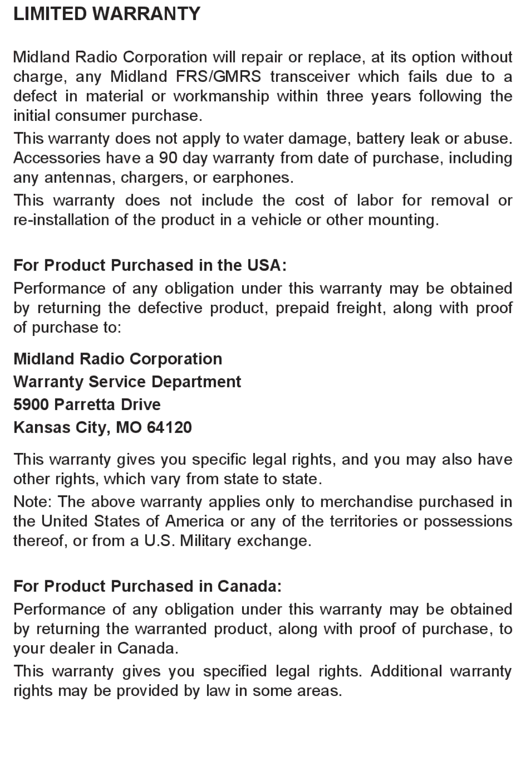 Midland Radio LXT118VP, LXT118 Series manual Limited Warranty, For Product Purchased in the USA 