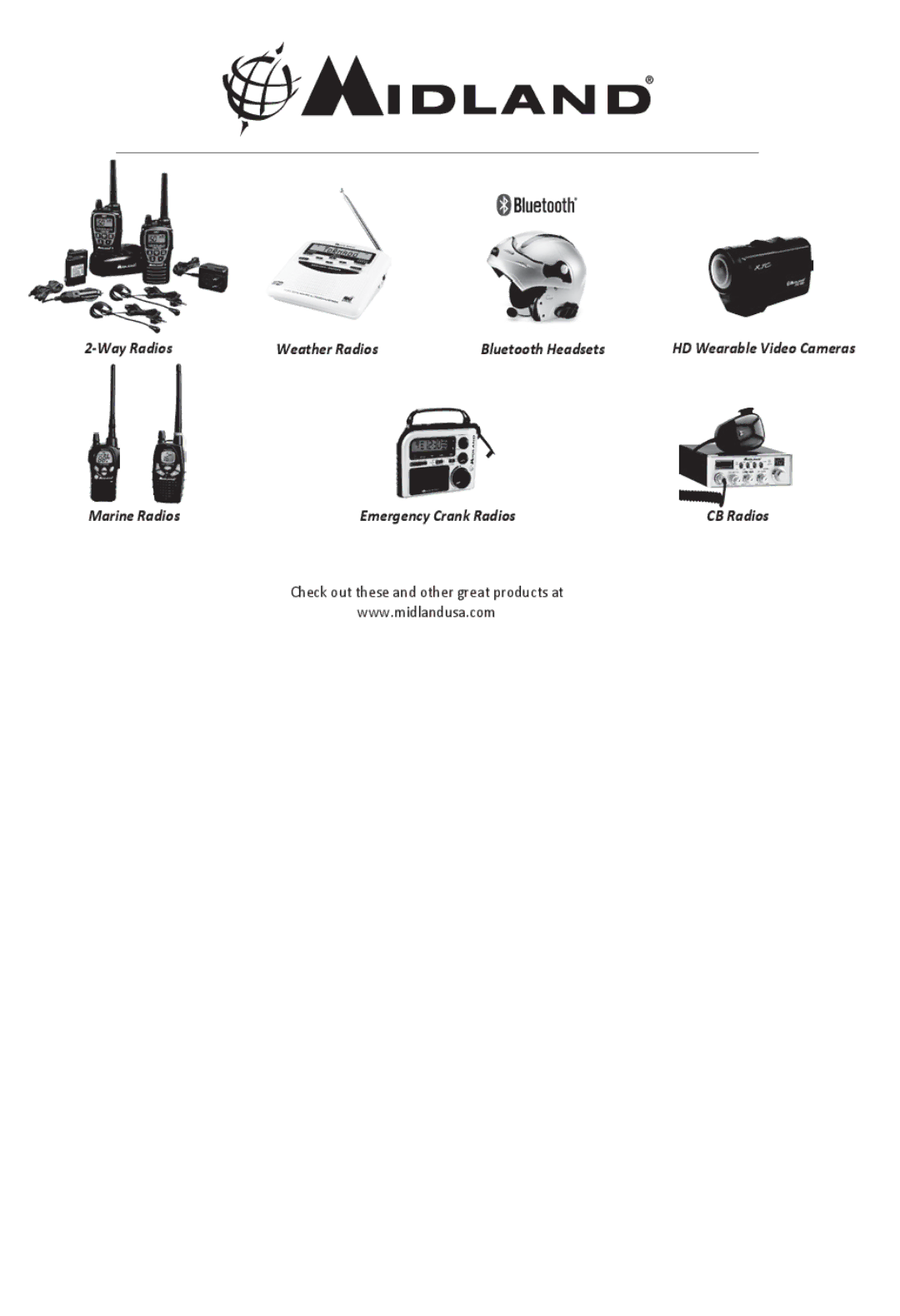 Midland Radio LXT118 Series, LXT118VP manual Way Radios Weather Radios Bluetooth Headsets 