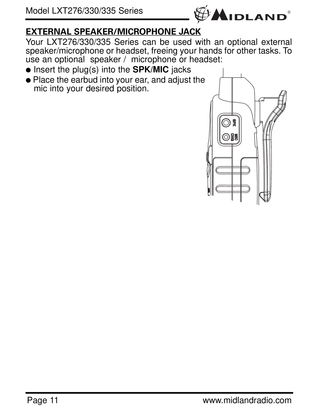 Midland Radio LXT276, LXT330, LXT335 owner manual External SPEAKER/MICROPHONE Jack 