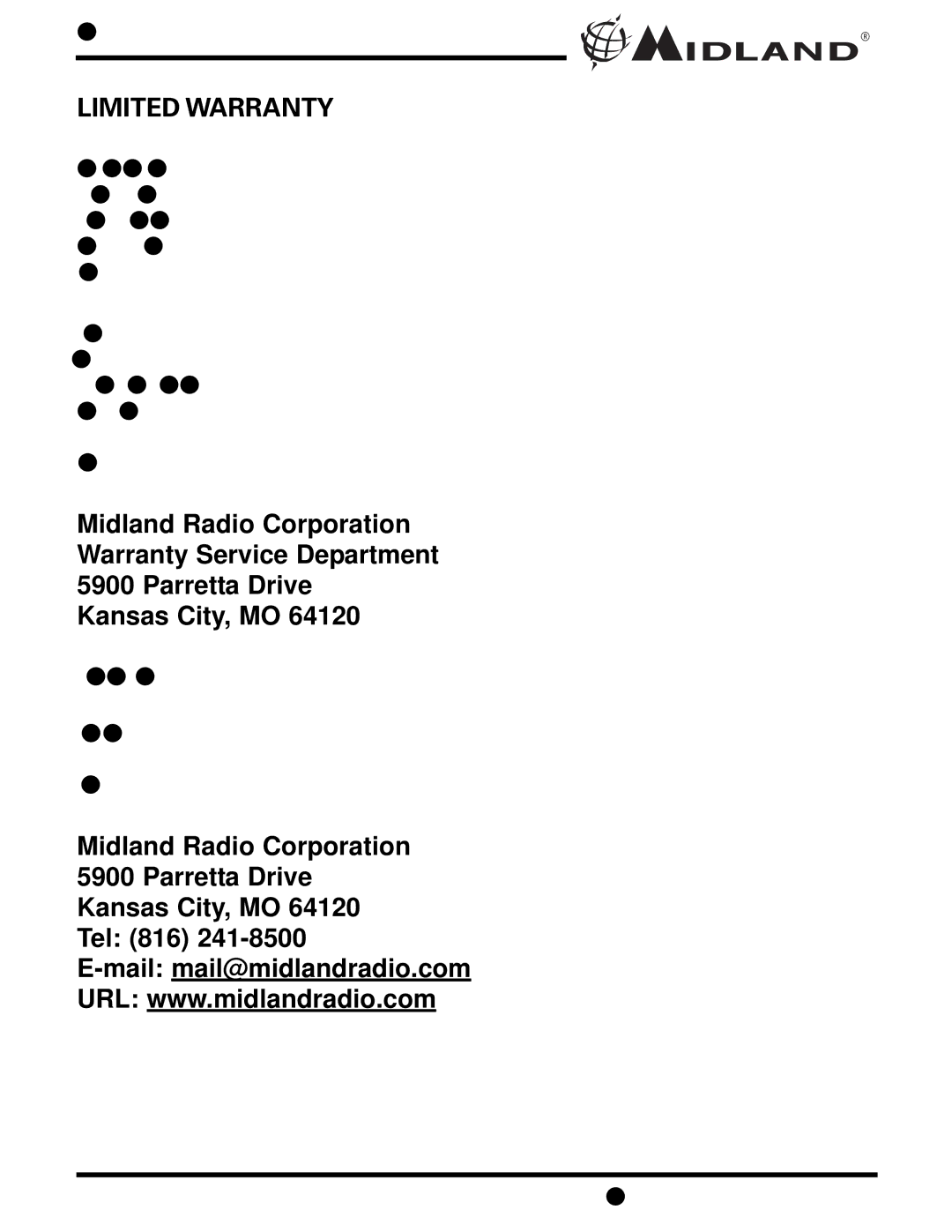 Midland Radio LXT276, LXT330, LXT335 owner manual Limited Warranty 