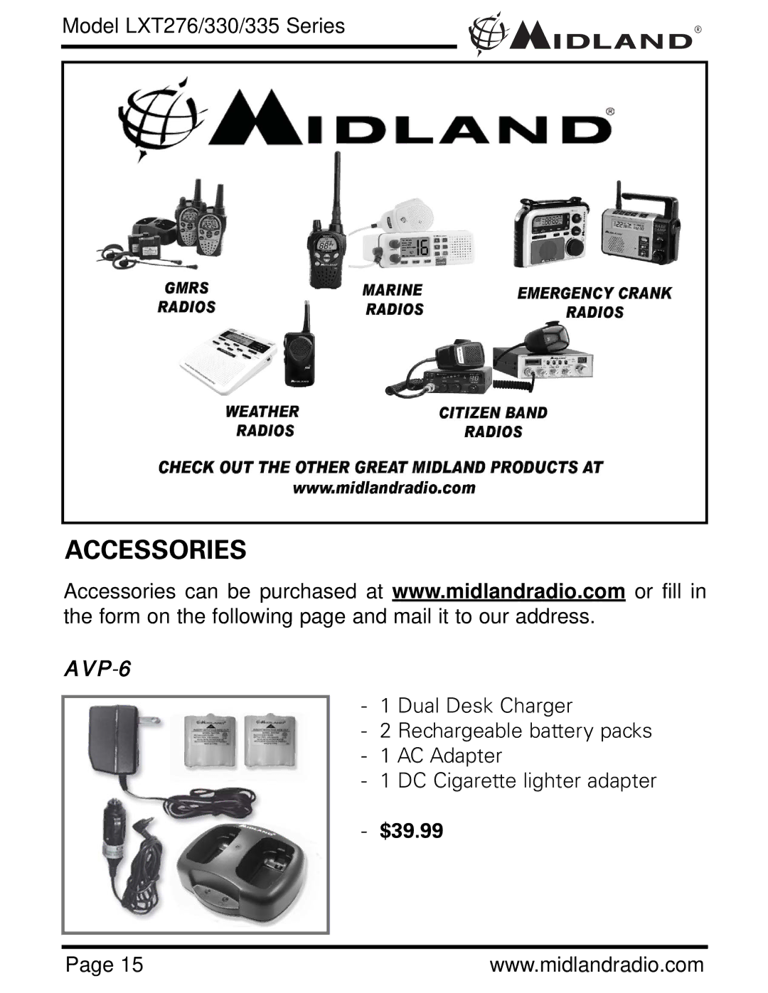 Midland Radio LXT276, LXT330, LXT335 owner manual Accessories, $39.99 