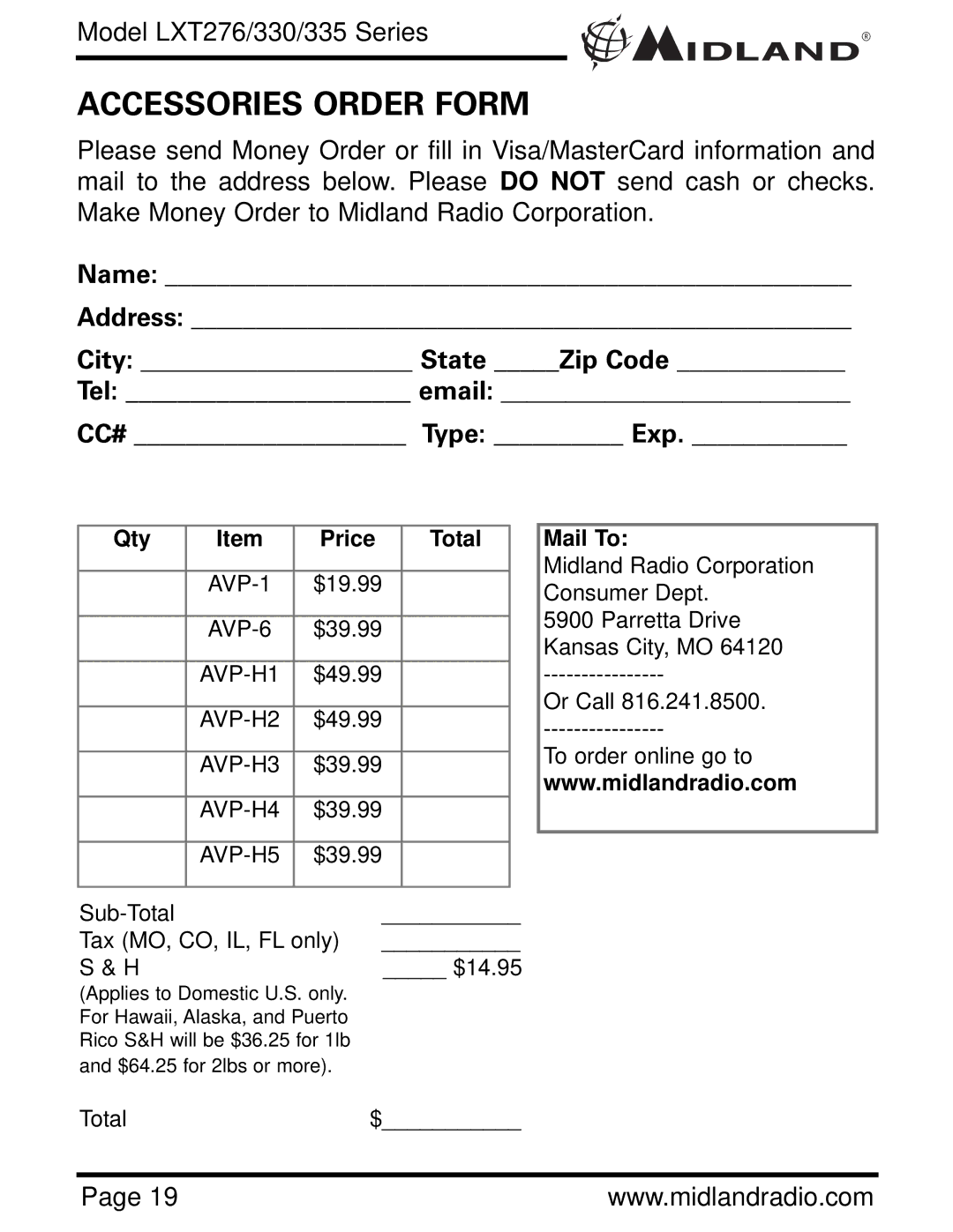 Midland Radio LXT276, LXT330, LXT335 owner manual Accessories Order Form, Name Address City State Zip Code Tel email 