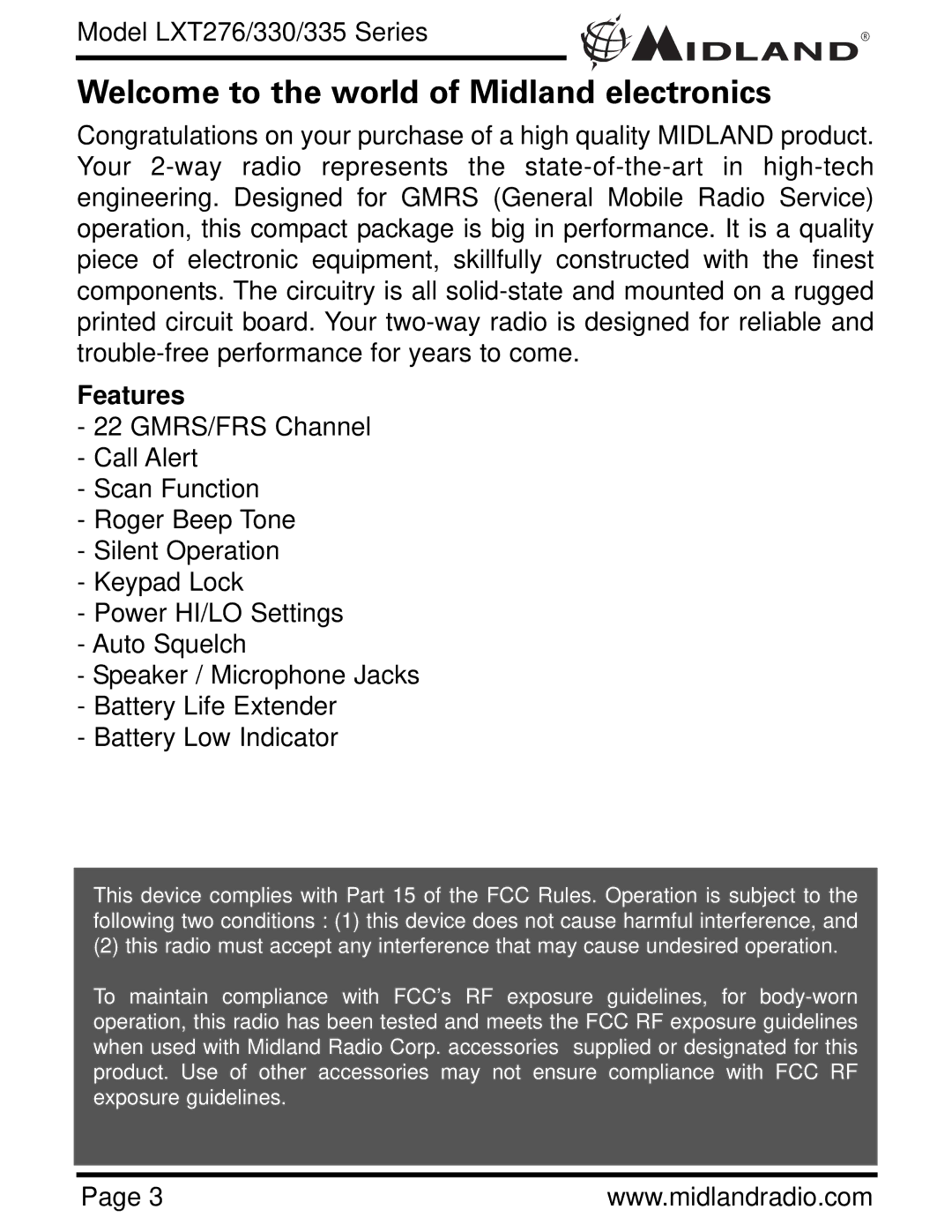 Midland Radio LXT276, LXT330, LXT335 owner manual Welcome to the world of Midland electronics, Features 