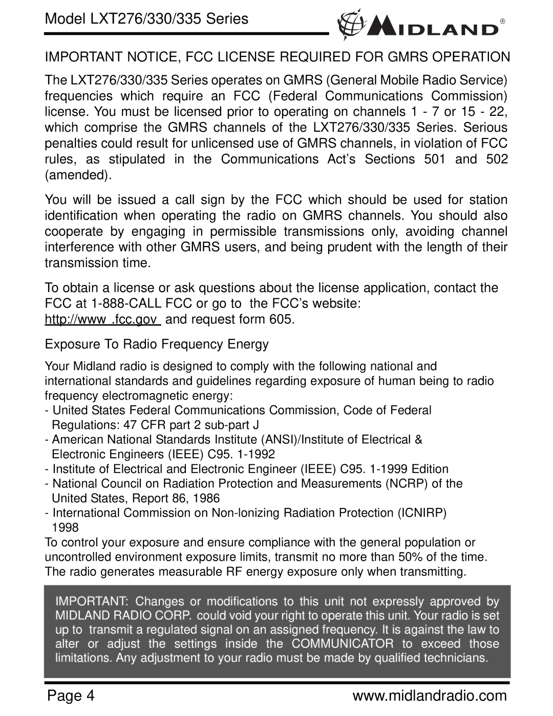 Midland Radio LXT276, LXT330, LXT335 owner manual Important NOTICE, FCC License Required for Gmrs Operation 