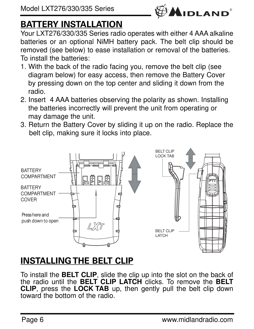 Midland Radio LXT276, LXT330, LXT335 owner manual Battery Installation, Installing the Belt Clip 