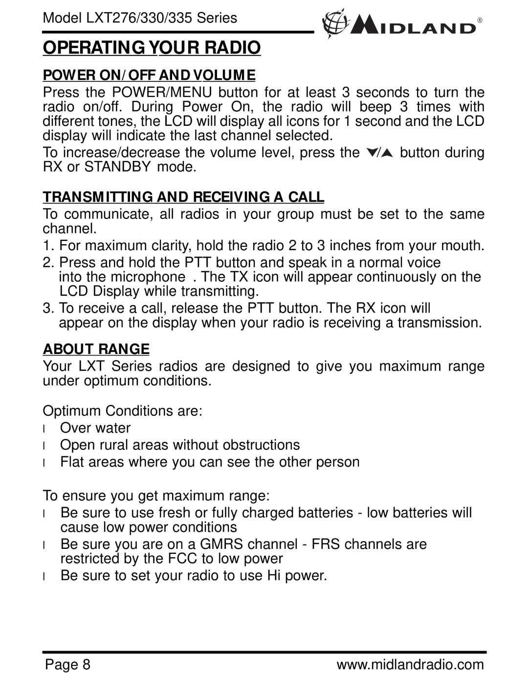 Midland Radio LXT335, LXT330 Operating Your Radio, Power ON/OFF and Volume, Transmitting and Receiving a Call, About Range 