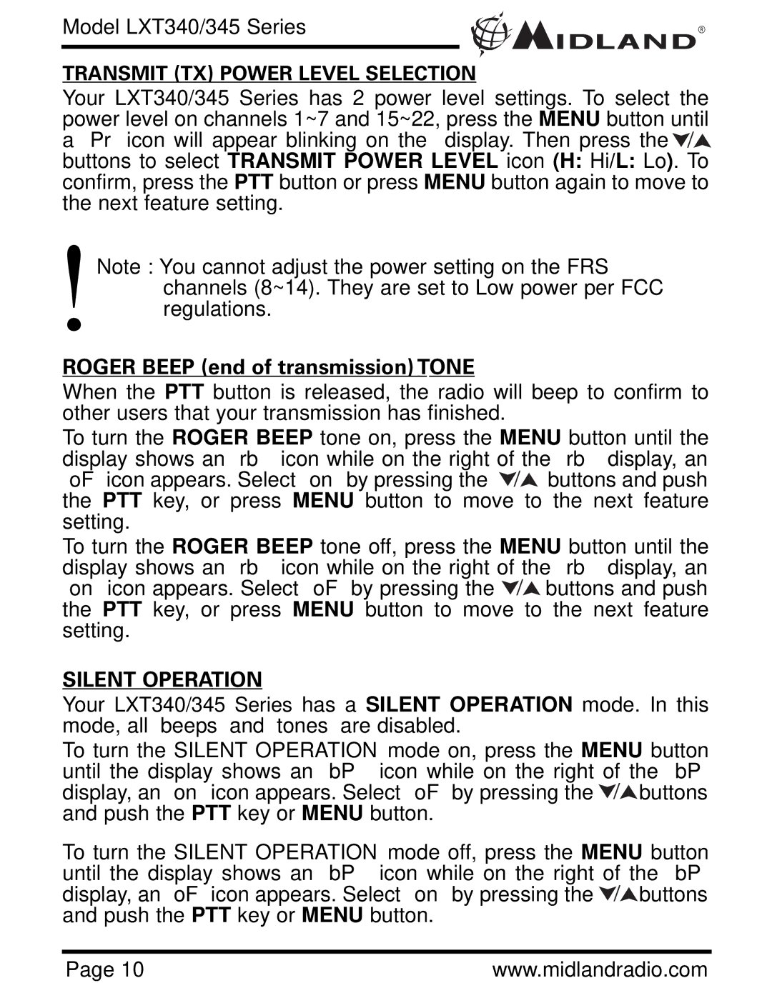 Midland Radio LXT340 Series, LXT345 Series owner manual Roger Beep end of transmission Tone, Silent Operation 