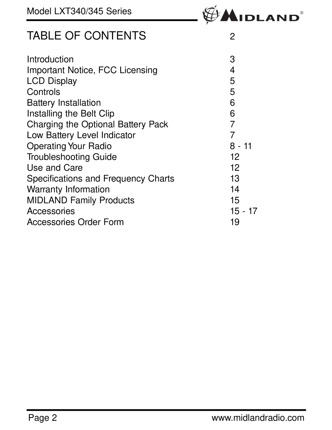 Midland Radio LXT340 Series, LXT345 Series owner manual Table of Contents 