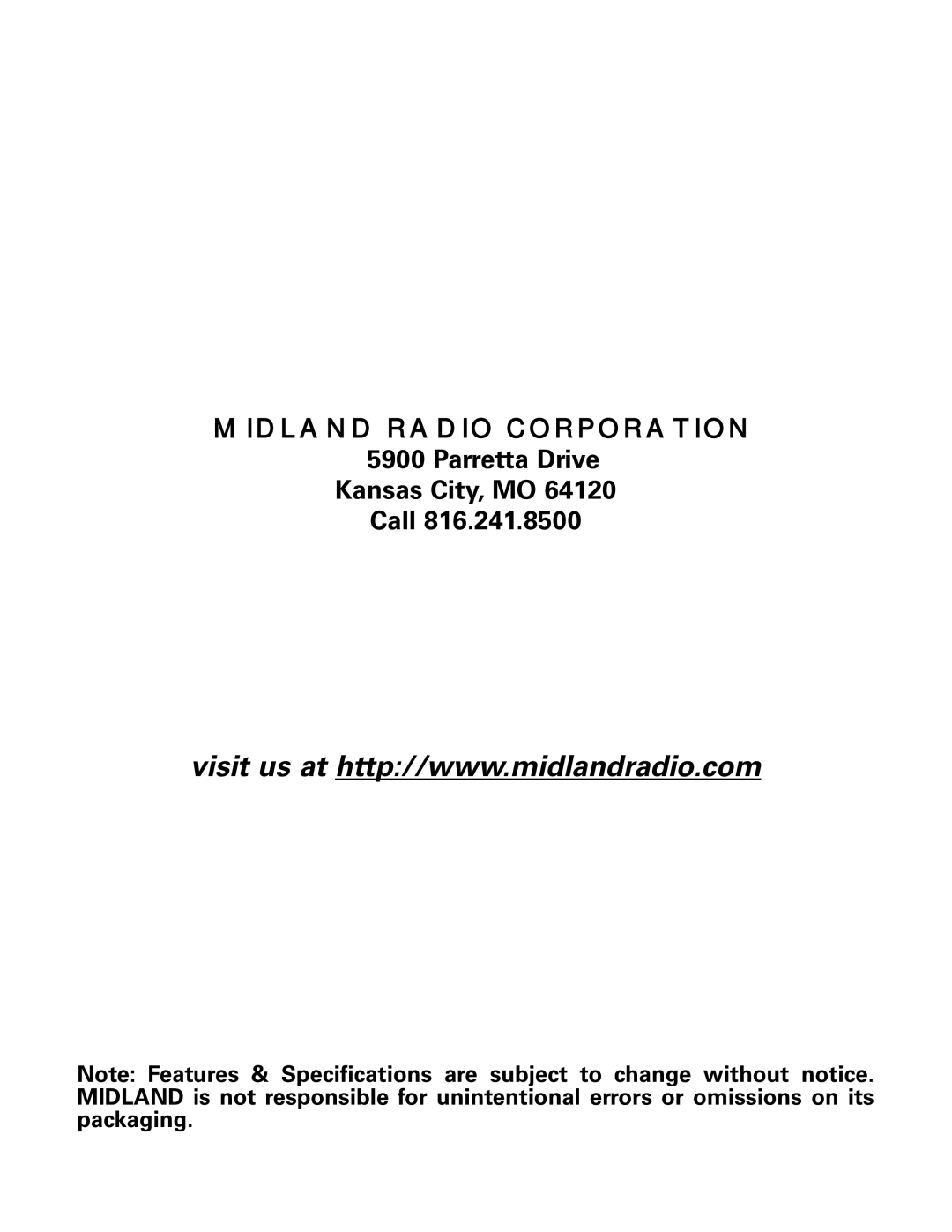 Midland Radio LXT340 Series, LXT345 Series owner manual Midland Radio Corporation, Parretta Drive Kansas City, MO Call 