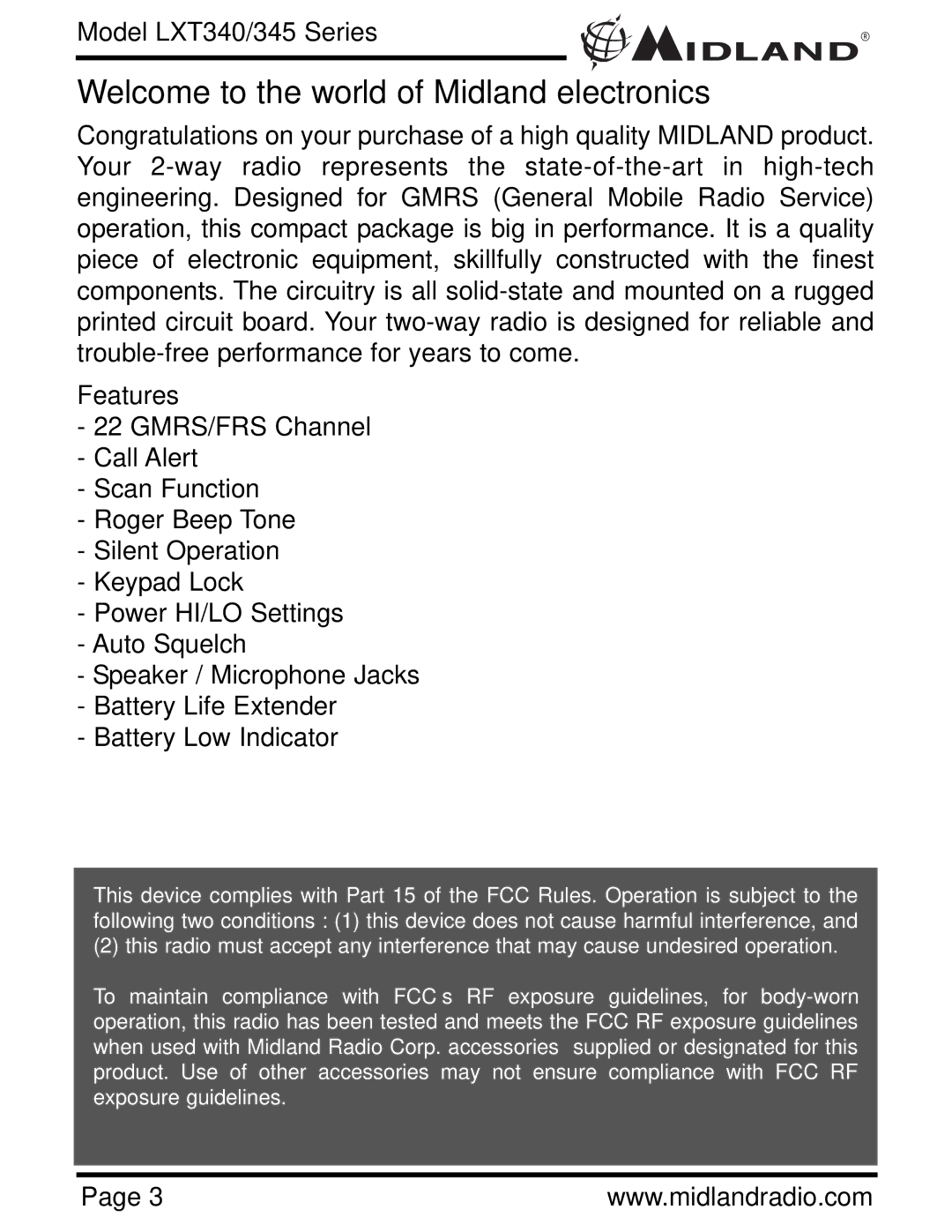 Midland Radio LXT345 Series, LXT340 Series owner manual Welcome to the world of Midland electronics, Features 