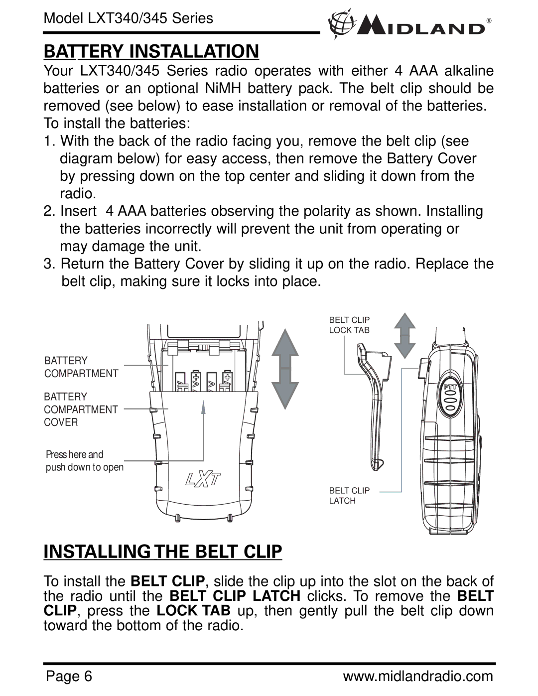 Midland Radio LXT340 Series, LXT345 Series owner manual Battery Installation, Installing the Belt Clip 