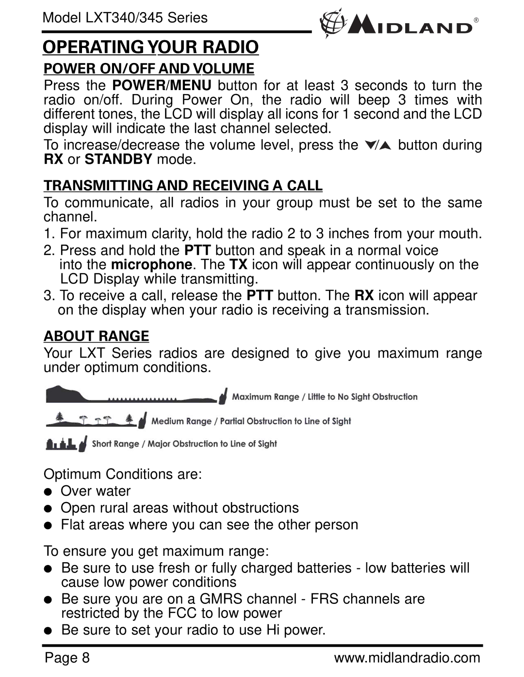 Midland Radio LXT340 Series Operating Your Radio, Power ON/OFF and Volume, Transmitting and Receiving a Call, About Range 