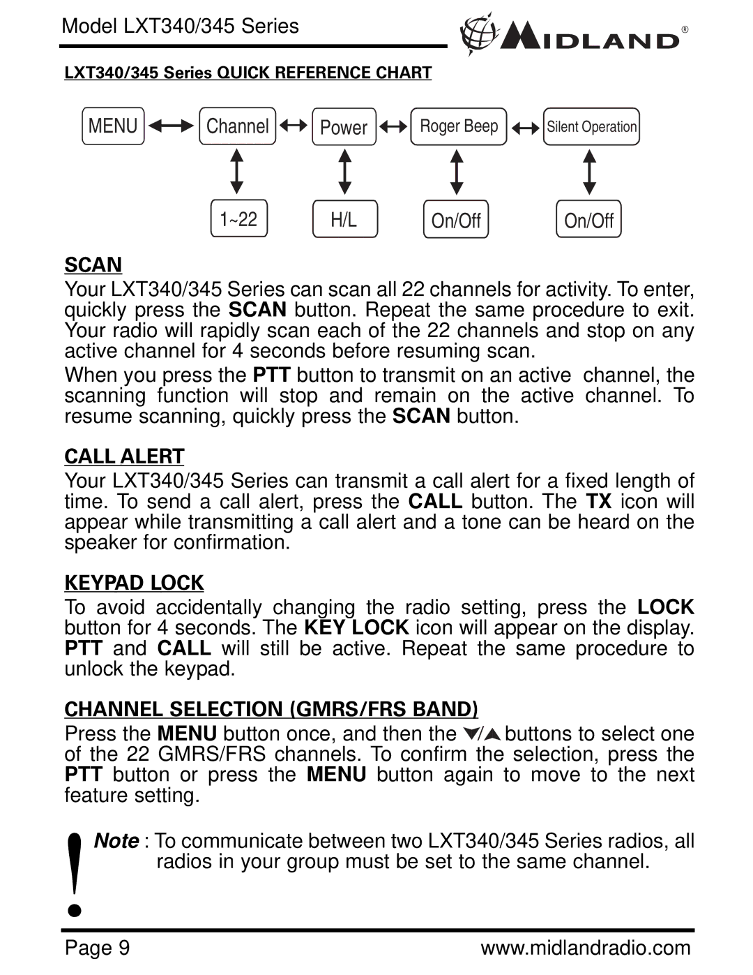 Midland Radio LXT345 Series, LXT340 Series owner manual Scan, Call Alert, Keypad Lock, Channel Selection GMRS/FRS Band 