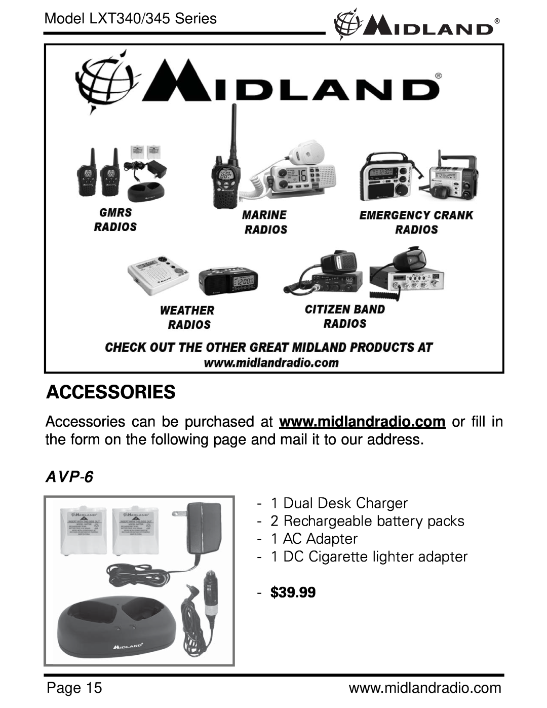 Midland Radio LXT345 Series, LXT340 Series owner manual Accessories, AVP-6, Model LXT340/345 Series, $39.99 