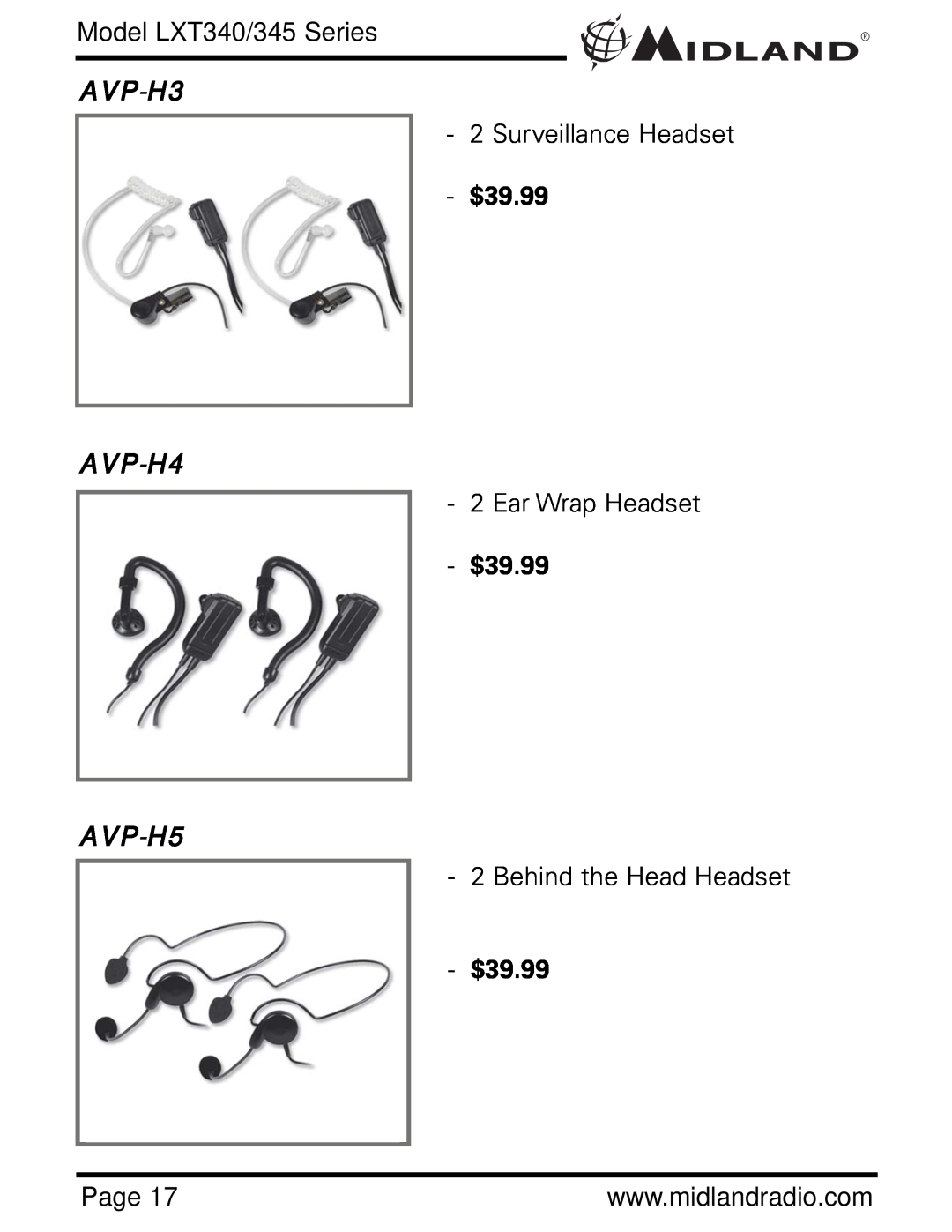 Midland Radio LXT345 Series AVP-H3, AVP-H4, AVP-H5, Model LXT340/345 Series, Surveillance Headset, Ear Wrap Headset, Page 