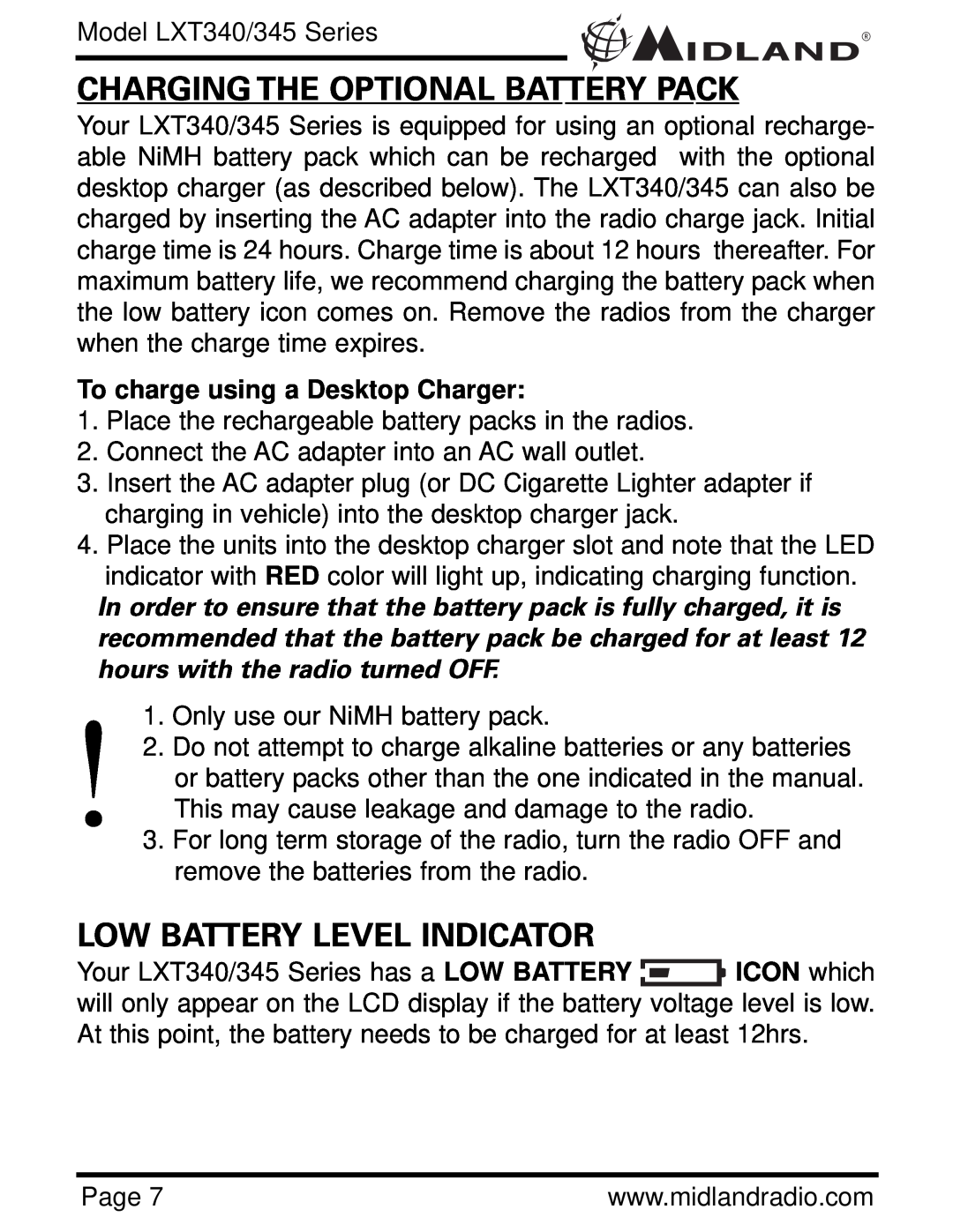 Midland Radio LXT345 Series Charging The Optional Battery Pack, Low Battery Level Indicator, Model LXT340/345 Series 