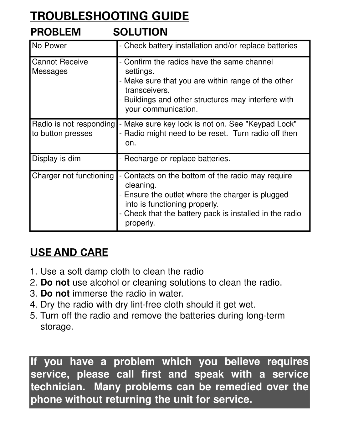 Midland Radio LXT365 Series, LXT360 Series owner manual Problem Solution, USE and Care 