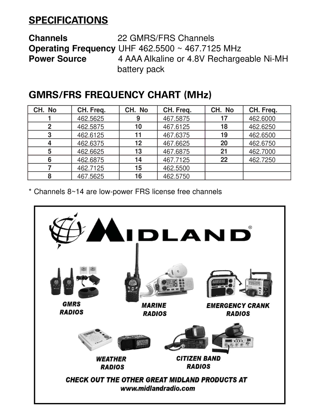 Midland Radio LXT360 Series, LXT365 Series owner manual Specifications, GMRS/FRS Frequency Chart MHz 