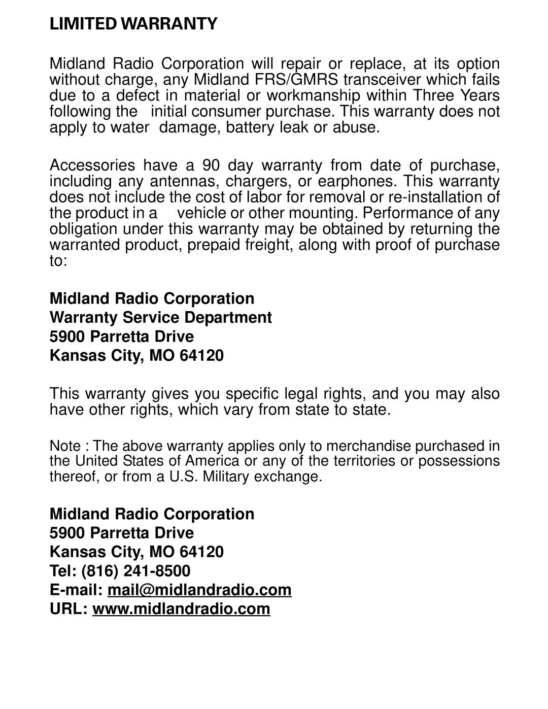 Midland Radio LXT365 Series, LXT360 Series owner manual Limited Warranty 