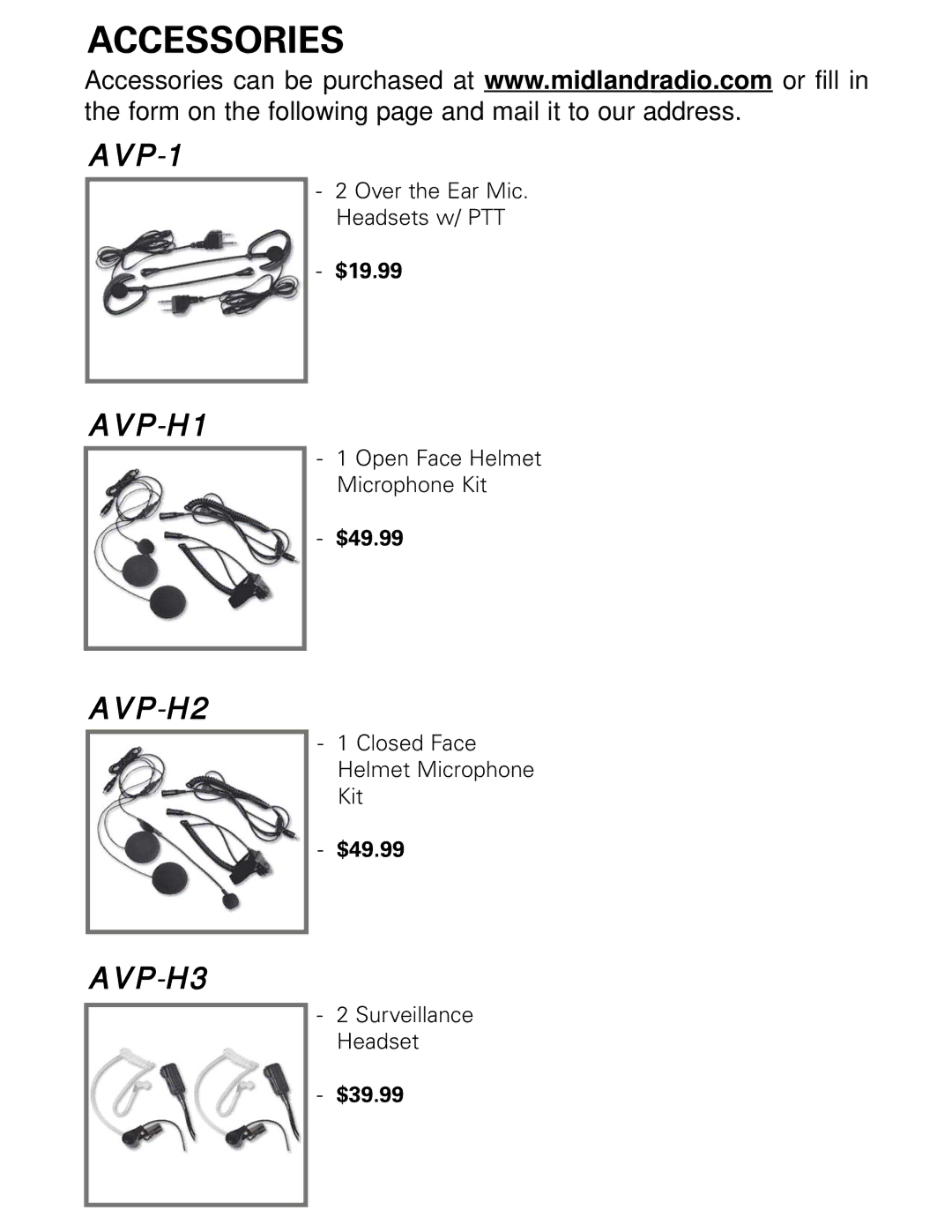 Midland Radio LXT360 Series, LXT365 Series owner manual Accessories 