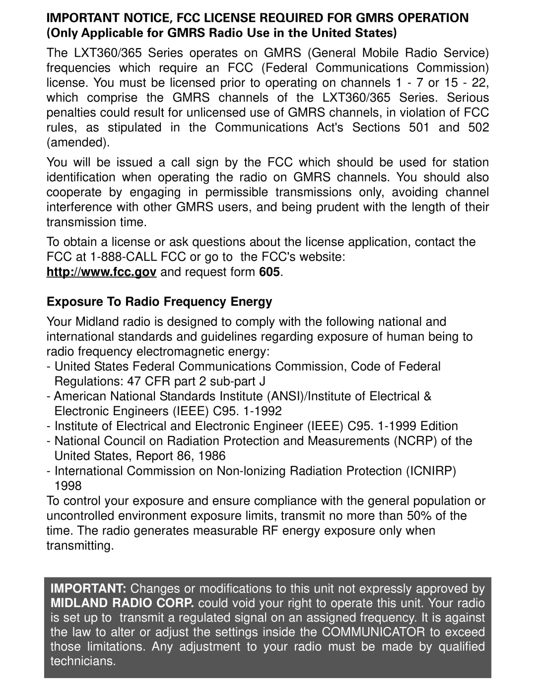 Midland Radio LXT360 Series, LXT365 Series owner manual Exposure To Radio Frequency Energy 