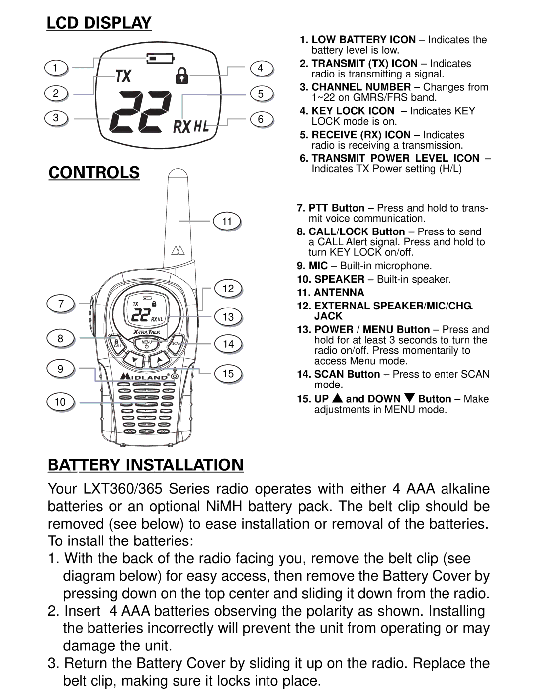 Midland Radio LXT365 Series, LXT360 Series owner manual LCD Display Controls, Battery Installation 