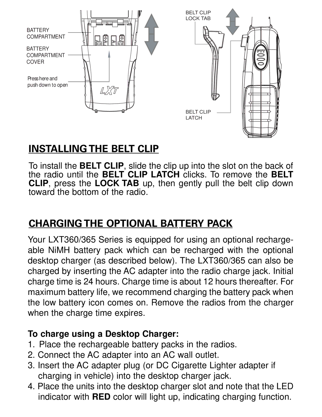 Midland Radio LXT360 Series, LXT365 Series owner manual Installing the Belt Clip, Charging the Optional Battery Pack 