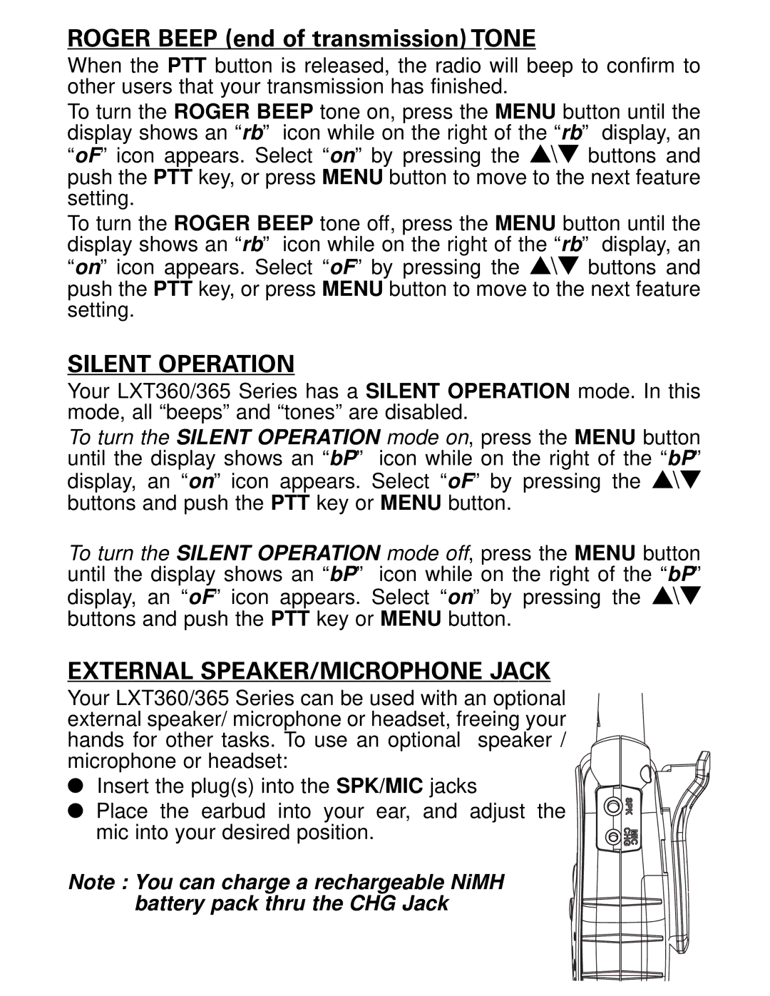 Midland Radio LXT360 Series, LXT365 Series owner manual Silent Operation, External SPEAKER/MICROPHONE Jack 