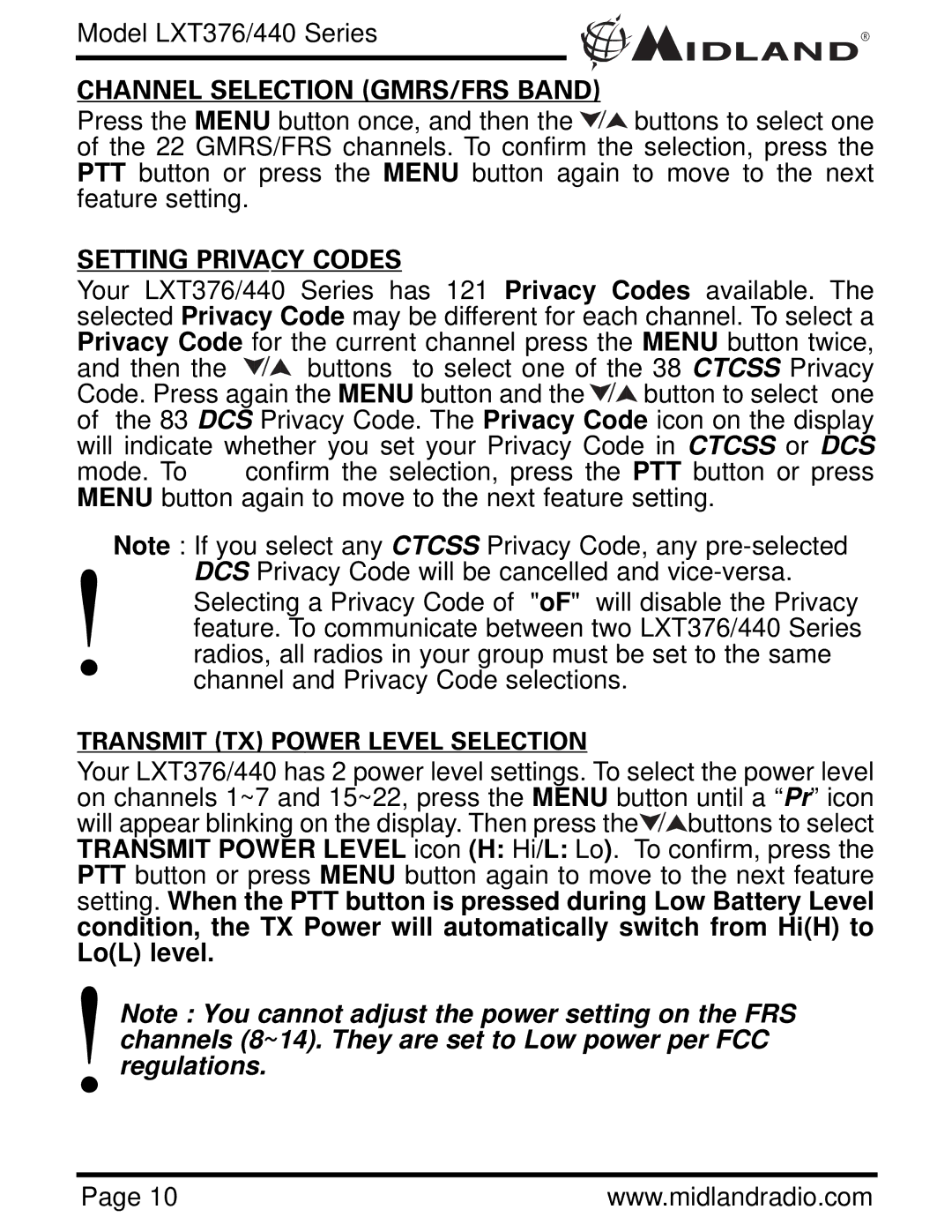 Midland Radio LXT376/440 owner manual Channel Selection GMRS/FRS Band, Setting Privacy Codes 