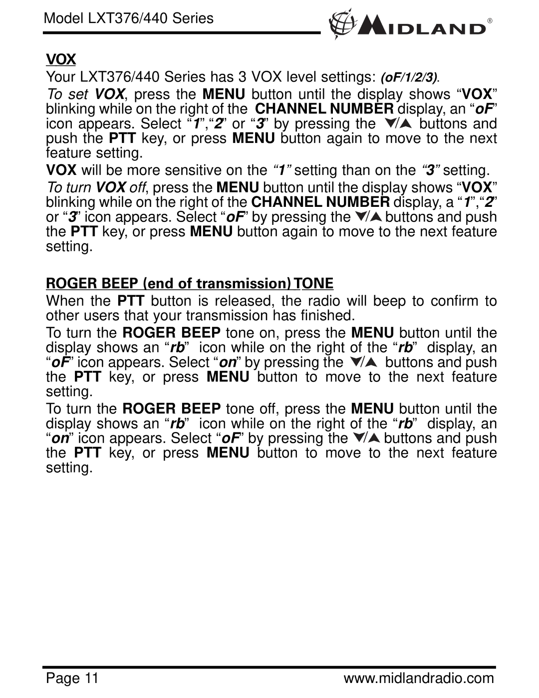 Midland Radio LXT376/440 owner manual Vox, Roger Beep end of transmission Tone 