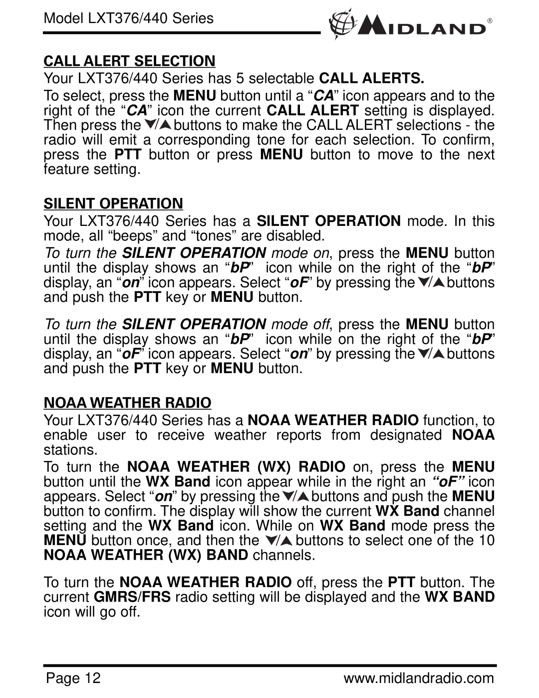 Midland Radio LXT376/440 owner manual Call Alert Selection, Silent Operation, Noaa Weather Radio 