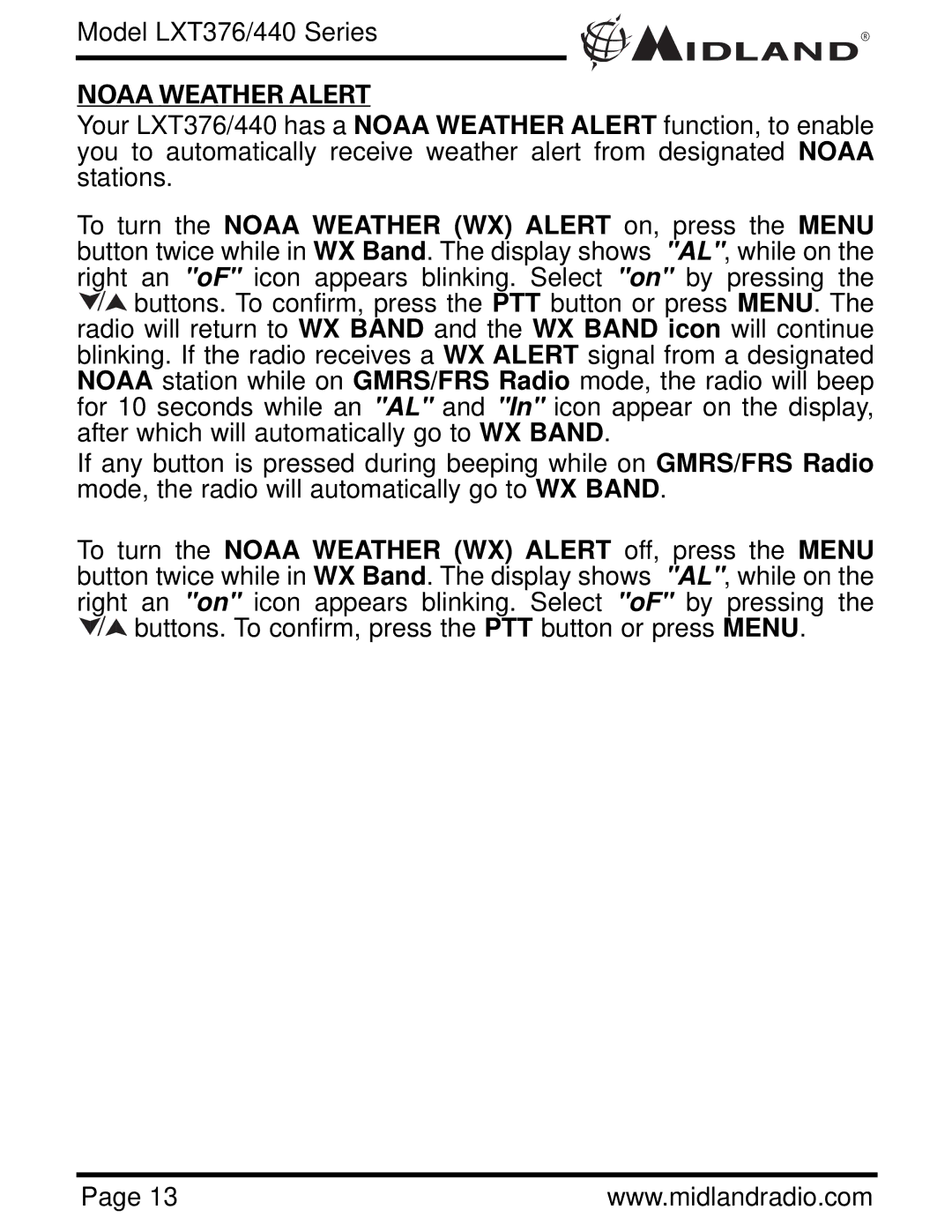 Midland Radio LXT376/440 owner manual Noaa Weather Alert 