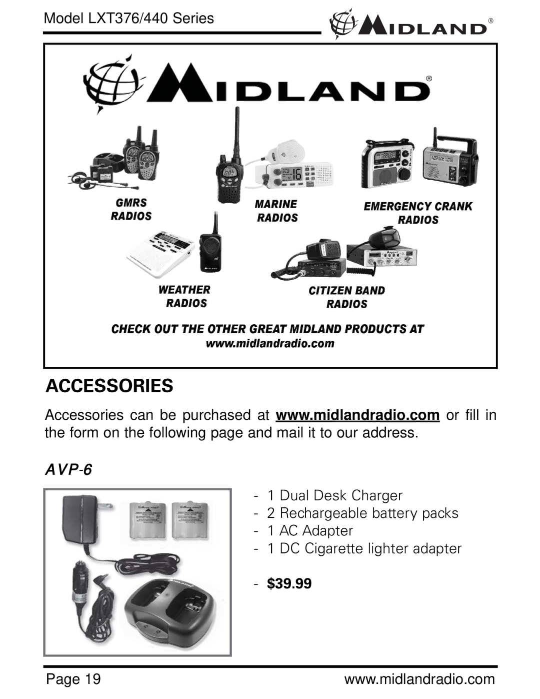 Midland Radio LXT376/440 owner manual Accessories, $39.99 