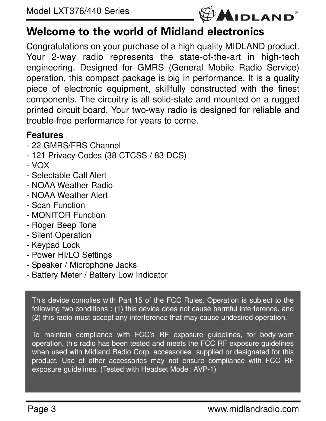 Midland Radio LXT376/440 owner manual Welcome to the world of Midland electronics, Features 